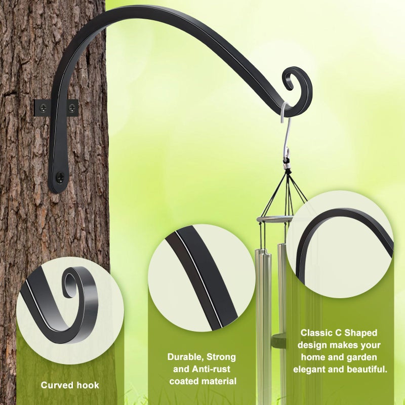 FEED GARDEN 2 Pack 12 Inch Hanging Plant Bracket Wall Hooks Decorative Plant Hangers for Outdoor Hanging Bird Feeders, Wind Chimes, Plant Baskets, Black - Image 3